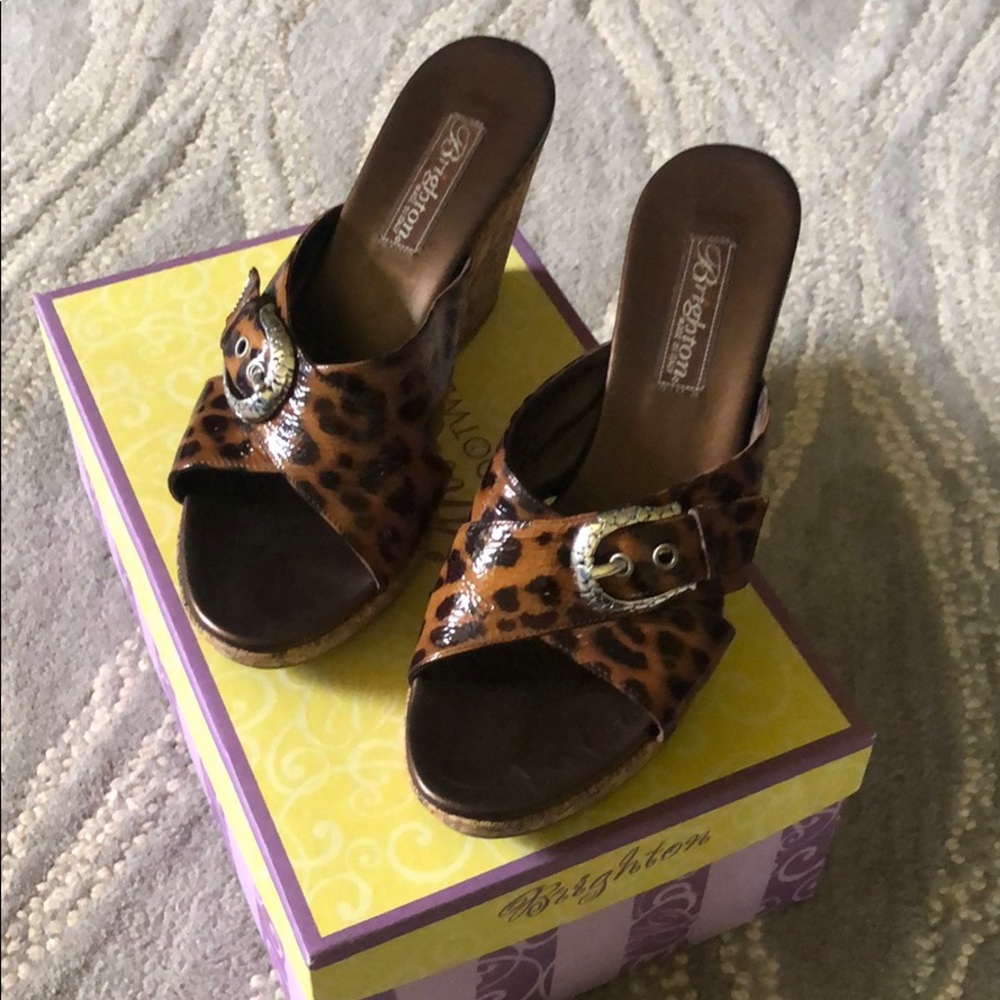 Brighton cork wedge -Leopard patent leather cork wedge sandals Sz 7.5
